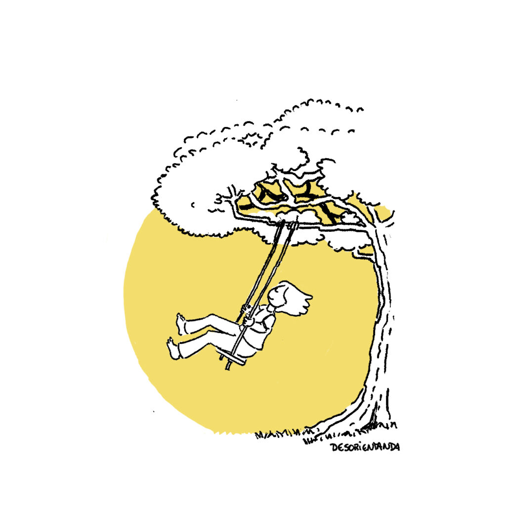 Ilustração com balanço preso a árvore, no qual a personagem Desorientanda se balança. É o complemento do desenho anterior, também de balanço. Selo de quadrinhos independentes Academicomics.