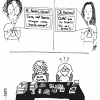 Capa do Zine Academicomics, primeira publicação do selo de quadrinhos independentes Academicomics. O zine contempla produções das quadrinistas Melina Vaz e Rachel Paterman sobre mazelas da vida acadêmica. A capa contém uma tira de humor, autobiográfica, formada por dois quadros, sendo o primeiro de autoria de Melina e o segundo de Rachel. No primeiro quadro, as duas quadrinistas dialogam por mensagens de celular: Melina convida Rachel para compor uma banca, e esta a aceita. No segundo quadro, as duas formam uma banca no sentido de uma banca de feira de quadrinhos.