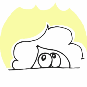 Imagem de perfil da Desorientanda. Apenas olhos e cabelos da personagem, parcialmente escondida, aparecem. Desorientanda olha para cima, apresentando-se pensativa. Uma esfera em amarelo por trás dos contornos dá destaque ao desenho. Selo editorial academicomics de quadrinhos independentes.