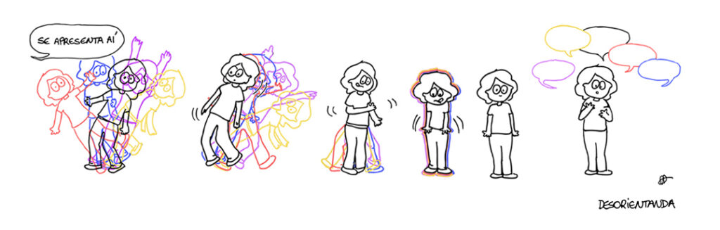 Tira Desorientanda composta por sequência com 6 imagens. Na primeira, um balão com os dizeres "se apresenta aí" conduz a uma transformação da personagem, que primeiro se apresenta múltipla, exibindo multiplos espectros coloridos, e vai aos poucos, a cada quadro, contendo tais espectros. No quinto quadro, ela já se encontra perfeitamente "alinhada" com as cores devidamente escondidas às suas costas. No último, plot twist, balões das cinco cores saem de sua boca. Tira Desorientanda. Selo Academicomics de quadrinhos da vida acadêmica.