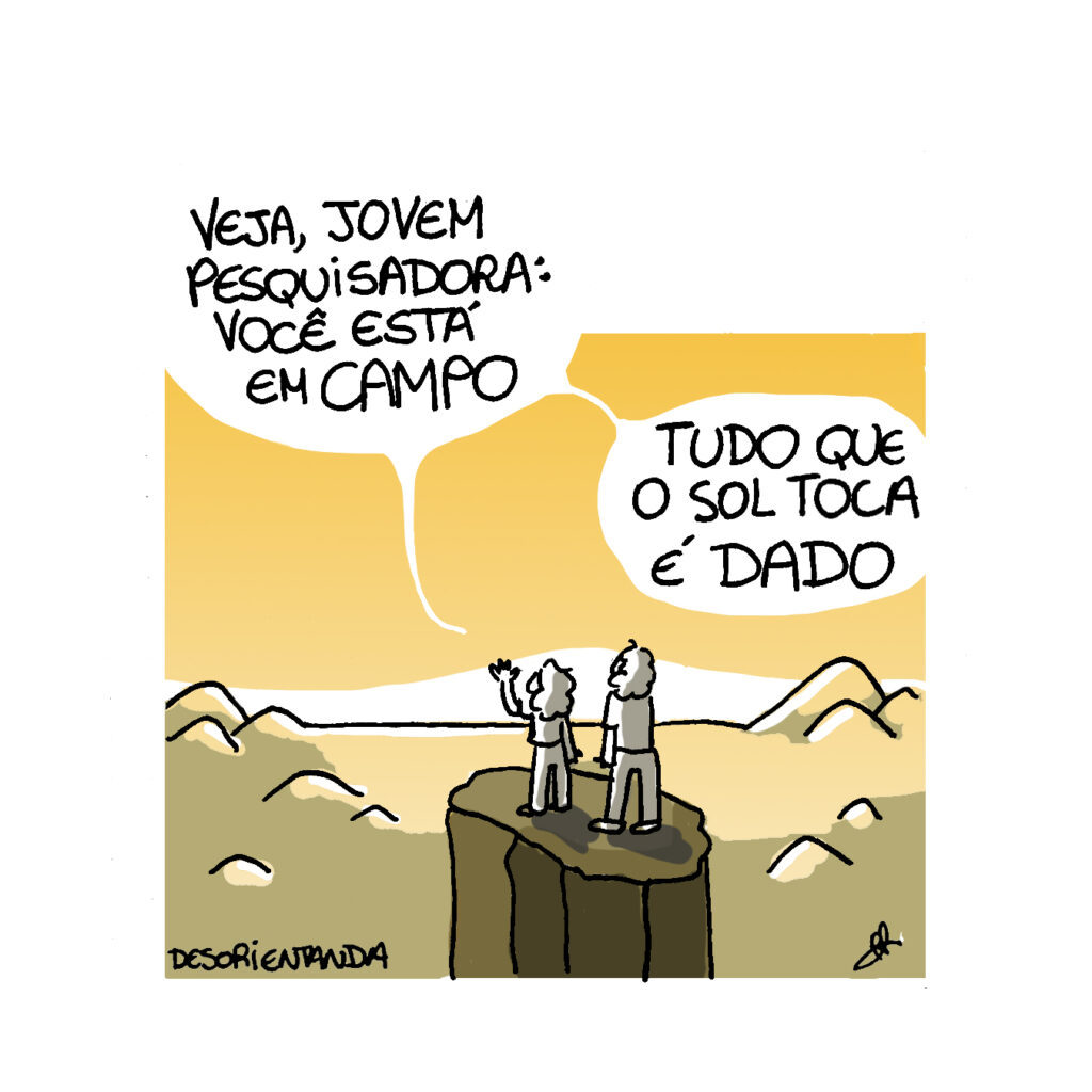 Cartum Desorientanda. A imagem contém cena de pôr-do-sol em referência cômica ao filme O Rei Leão, e um diálogo em que a personagem Desorientanda ensina à sua colega "Veja, jovem pesquisadora: você está em campo. Tudo o que o sol toca é dado". Selo Academicomics.