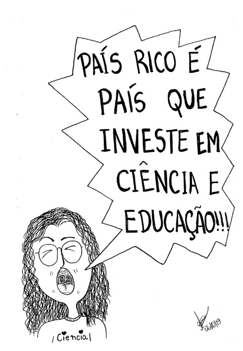Cientista gritando "País rico é país que investe em Ciência e Educação
